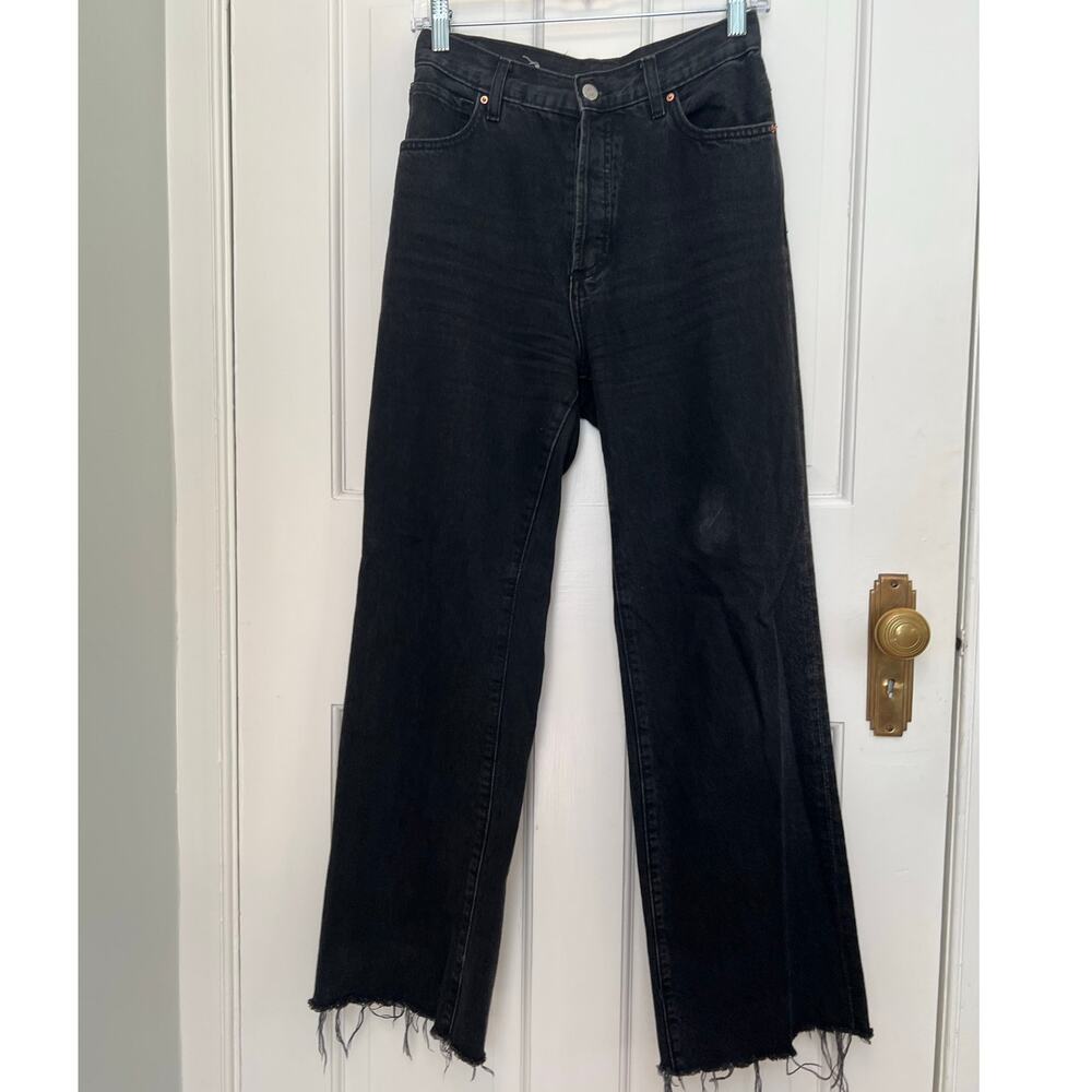 MNG Jeans Wide Leg Black Denim High Waist Led Button Fly 100% Cotton Women's 6